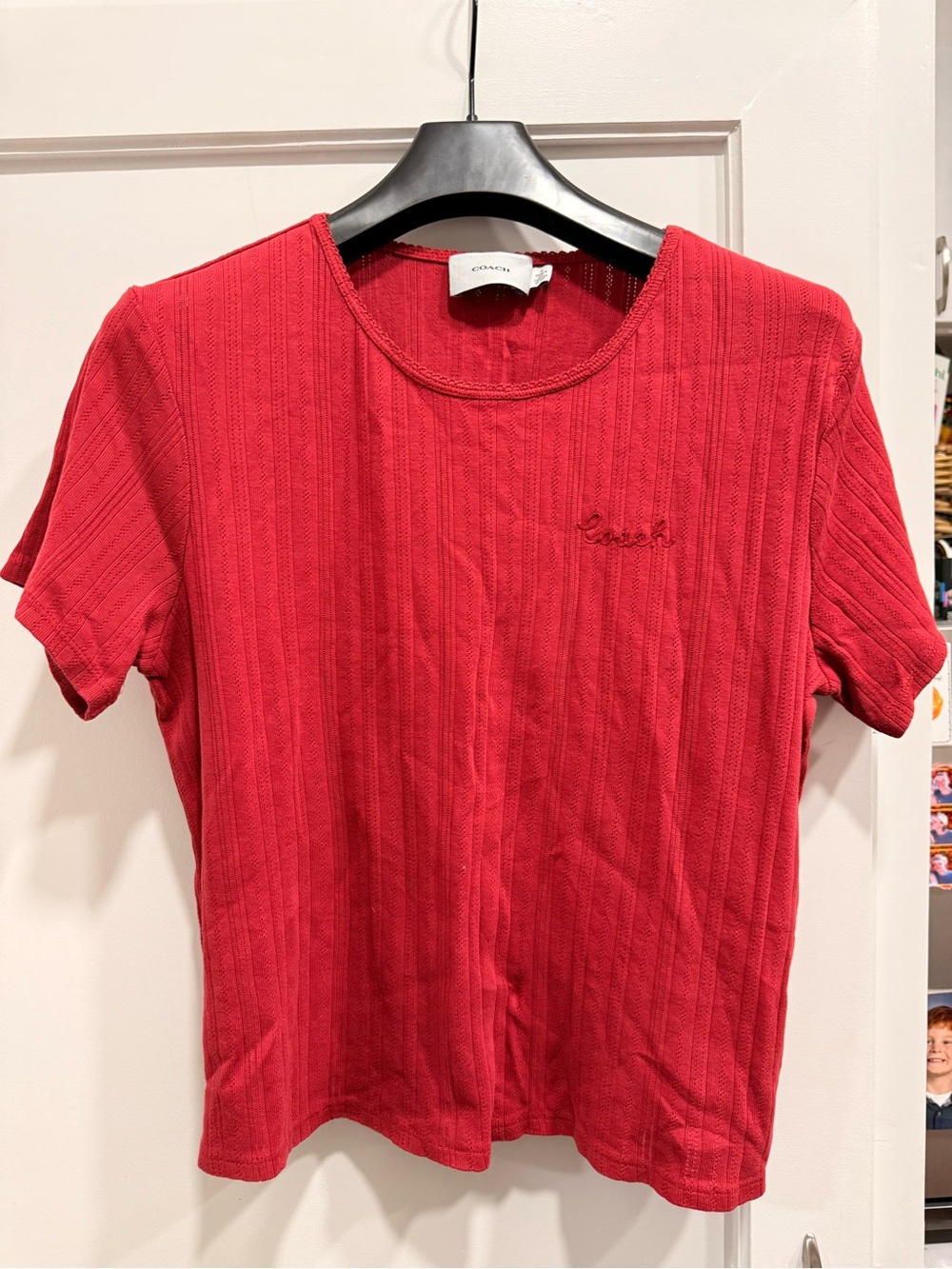 Coach Women’s Red Ribbed Short Sleeve Tee